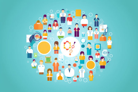 Group of people with social media icons in the form of a circleの素材