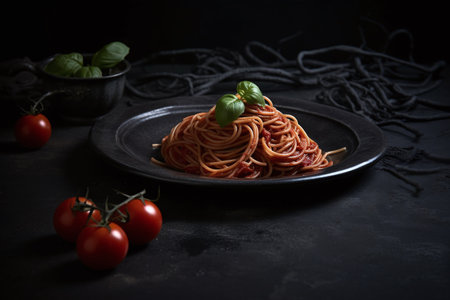 Spaghetti with tomato sauce and basil on black plate over black backgroundの素材