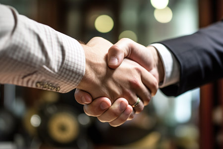 Close up of two businessmen shaking hands in an office. Shallow depth of field.の素材