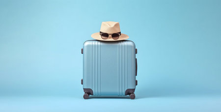 Suitcase with hat and sunglasses on blue background. travel conceptの素材