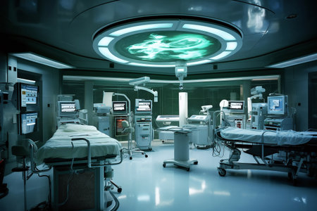 Interior of a modern operating room with a row of medical equipmentの素材