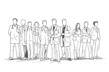 Group of doctors and nurses standing together. Hand drawn vector illustration.の素材