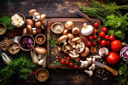 Mushrooms, vegetables and spices on a wooden background. top viewの素材