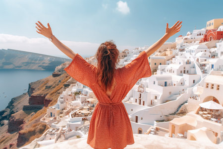 Beautiful young woman with raised hands in Santorini, Greeceの素材