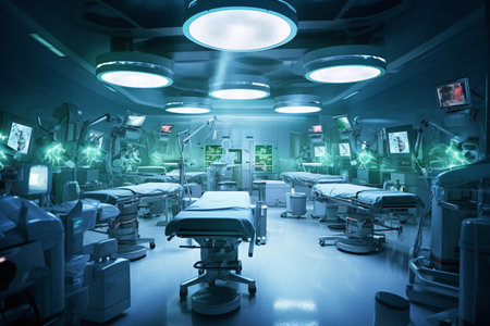 Equipment and medical devices in modern operating room take with art lighting and blue filterの素材