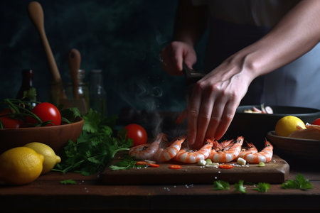 Female hands cooking shrimps on wooden cutting board, closeupの素材