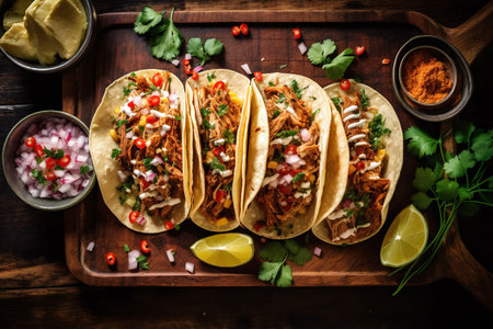Traditional mexican tacos with meat and vegetables on rustic wooden backgroundの素材