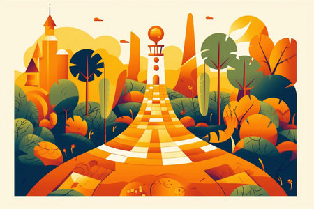Vector illustration of a park with trees, bushes and houses. flat styles.の素材