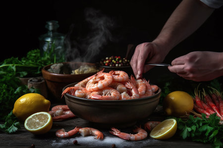 Cooking shrimps with lemon and herbs on a dark backgroundの素材