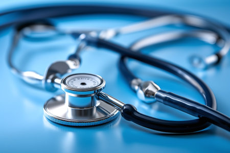 Stethoscope on blue background, close-up. Health care conceptの素材