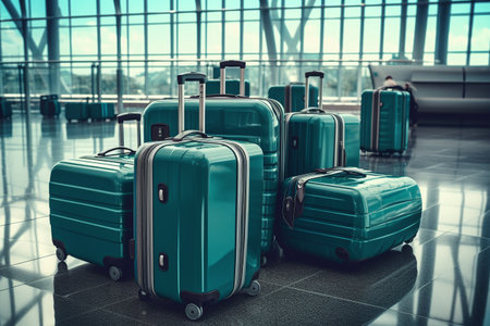 travel suitcases in airport terminal. 3d rendering toned imageの素材