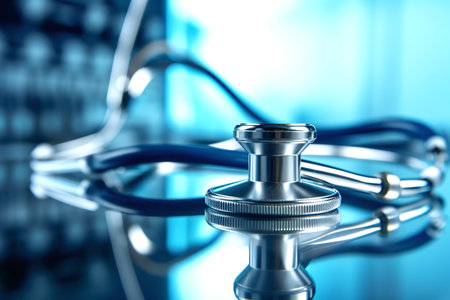 Stethoscope on blue background. Health care and medical concept.の素材