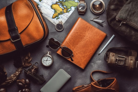 Travel accessories on a dark background. travel concept. flat lay.の素材