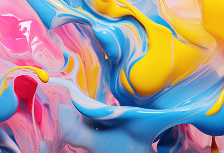Colorful abstract background of acrylic paint in blue, pink and yellow colorsの素材