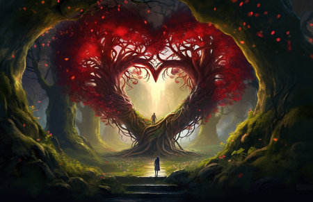 Mystical dark forest with man and heart shaped tree. 3D renderingの素材