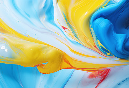 Abstract background of acrylic paint in blue, yellow and white colors.の素材