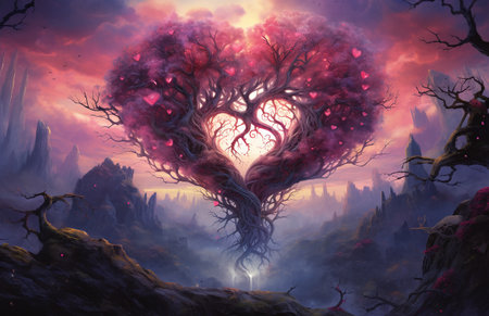 3D illustration of a fantasy landscape with a heart-shaped treeの素材