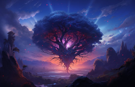 Fantasy landscape with a tree in the forest. digital painting.の素材
