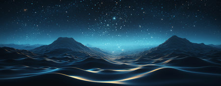 Fantasy landscape with mountains and stars. 3D illustration. horizontal banner.の素材