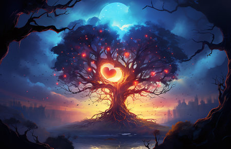 Fantasy landscape with a big tree and a heart in the centerの素材