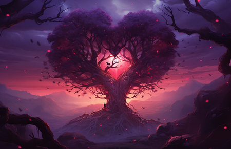 Digital illustration of a heart-shaped tree in a dark forest.の素材