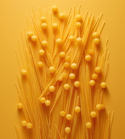 close up of italian pasta on a yellow background with copy spaceの素材