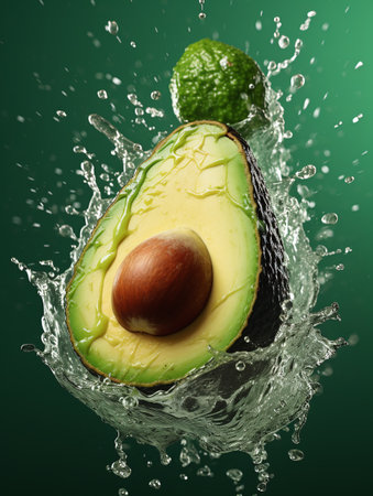 Avocado with water splash on a green background. 3d renderingの素材