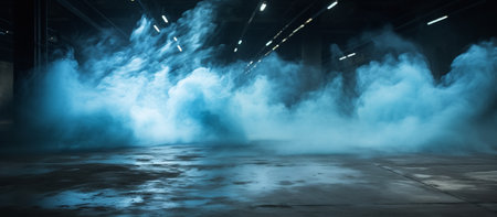 Abstract scene of empty warehouse with smoke and fog. 3d renderingの素材