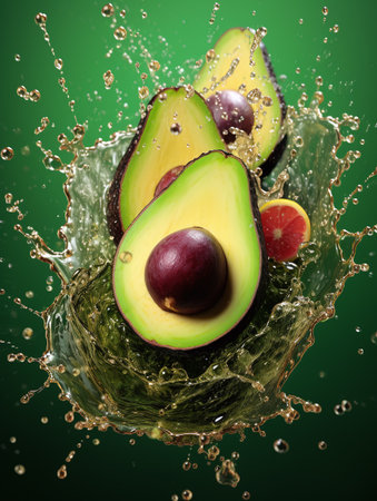 Avocado with water splash on green background. Healthy food concept.の素材