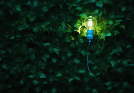 Idea concept with light bulb and green leaves on dark background.の素材