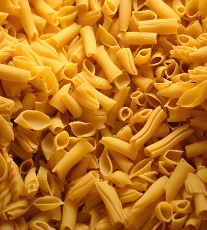 close up of a pile of dried italian macaroni pastaの素材