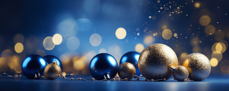 Merry Christmas and Happy New Year greeting card. Golden and blue christmas baubles on bokeh background.の素材
