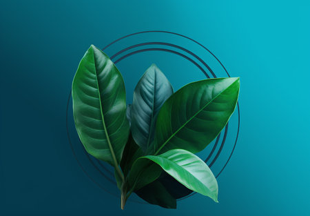 Green leaves on blue background. Minimal nature concept. 3d renderの素材