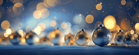 Christmas background with silver balls and bokeh lights. 3d renderingの素材