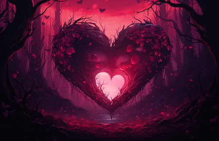 Valentine's day background with heart in the dark forest.の素材