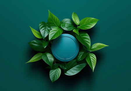 Green leaves with round cosmetic container on green background. top view.の素材
