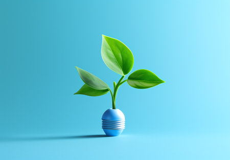 Green sprout in a light bulb on a blue background. 3d illustrationの素材