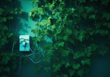 Green leaves and electric plug in the wall. 3D rendering.の素材
