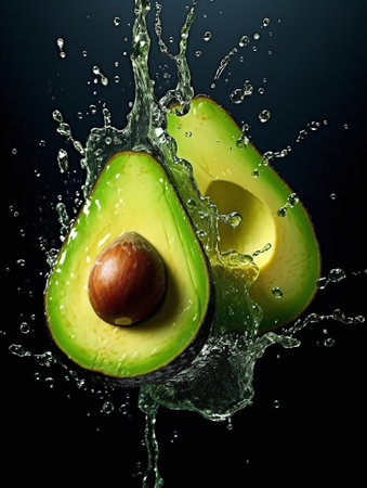Avocado with water splash on dark background. Healthy food concept.の素材