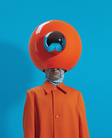 Funny person with an orange balloon on his head. 3d renderingの素材