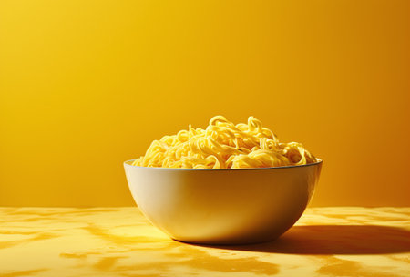 close up of a bowl of pasta on yellow background with copy spaceの素材