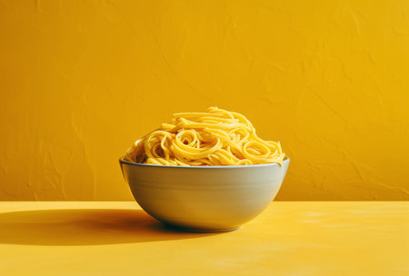 Italian pasta in a bowl on yellow background. Minimal styles.の素材