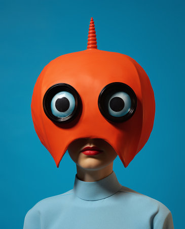 3d illustration of a woman in an orange alien costume on a blue backgroundの素材