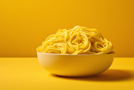 close up of a yellow bowl full of noodles on a yellow backgroundの素材