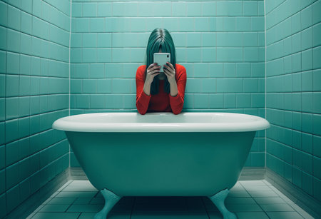 Woman sitting in the bathroom and using her smartphone. toned image.の素材
