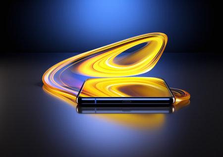 Mobile phone with neon light on a dark background. 3d illustrationの素材