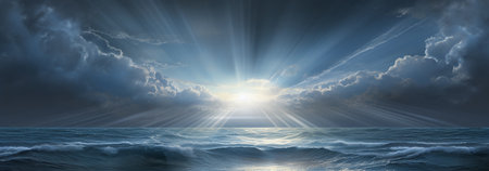 Panoramic seascape with sunbeams and sea horizonの素材