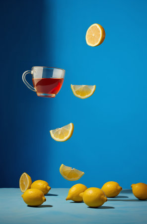 Lemon falling into a cup of tea on a blue background.の素材