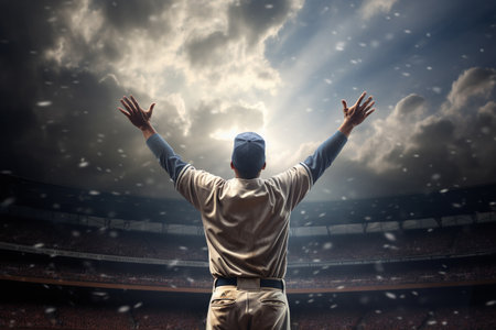 Baseball player with arms outstretched celebrating a victory in the stadiumの素材