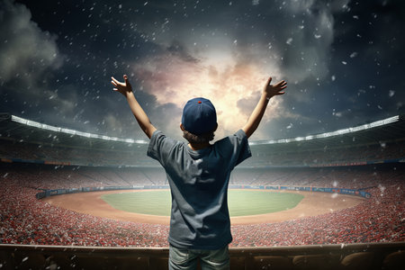 Back view of young man in baseball cap against baseball stadium at rainの素材